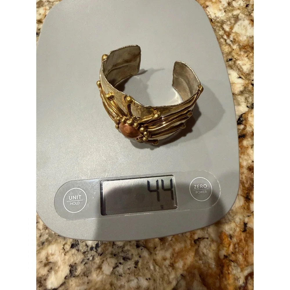 Artisan Mixed Metal Cuff Bracelet Tri-Tone Sunburst Hammered Silver Gold Copper